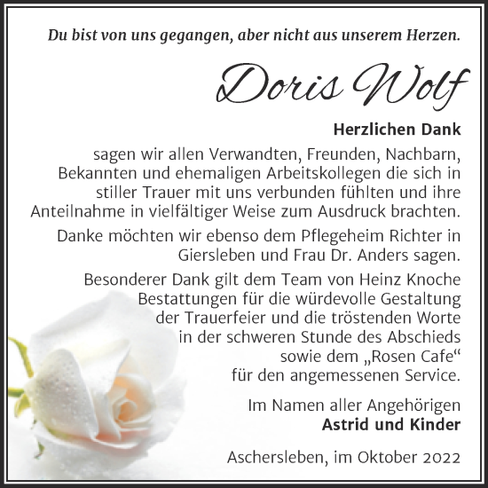 Traueranzeige von Doris Wolf von Trauerkombi Aschersleben