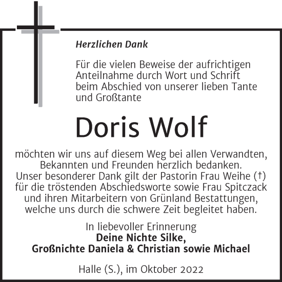 Traueranzeige von Doris Wolf von Mitteldeutsche Zeitung Halle/Saalkreis