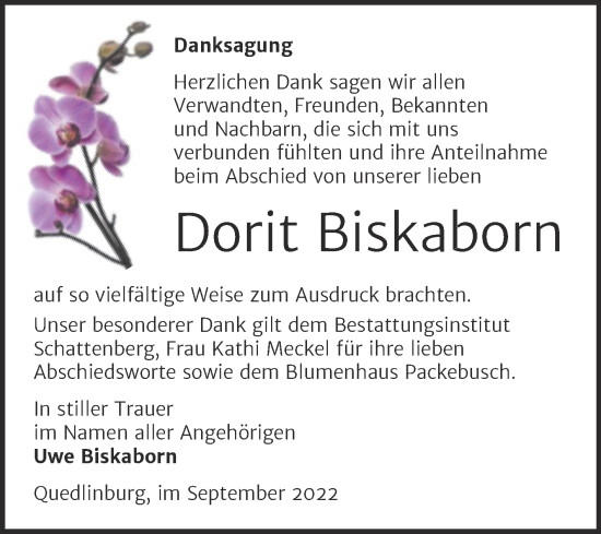 Traueranzeige von Dorit Biskaborn von Trauerkombi Quedlinburg
