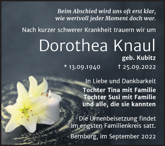 Traueranzeige von Dorothea Knaul von Mitteldeutsche Zeitung Bernburg