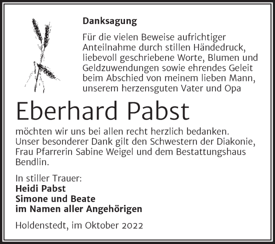 Traueranzeige von Eberhard Pabst von Trauerkombi Sangerhausen