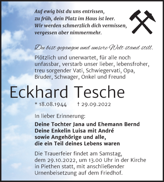 Traueranzeige von Eckhard Tesche von Trauerkombi Köthen