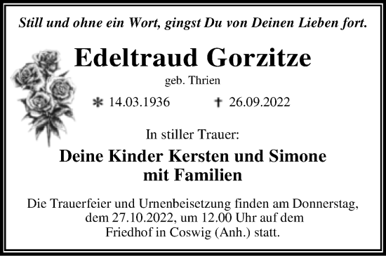 Traueranzeige von Edeltraud Gorzitze von Trauerkombi Wittenberg