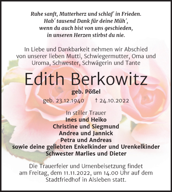 Traueranzeige von Edith Berkowitz von Trauerkombi Bernburg