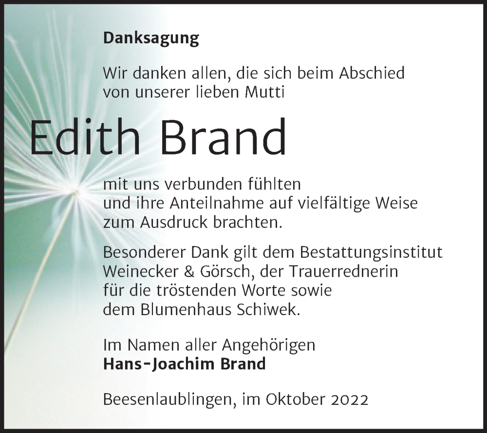  Traueranzeige für Edith Brand vom 22.10.2022 aus Trauerkombi Bernburg