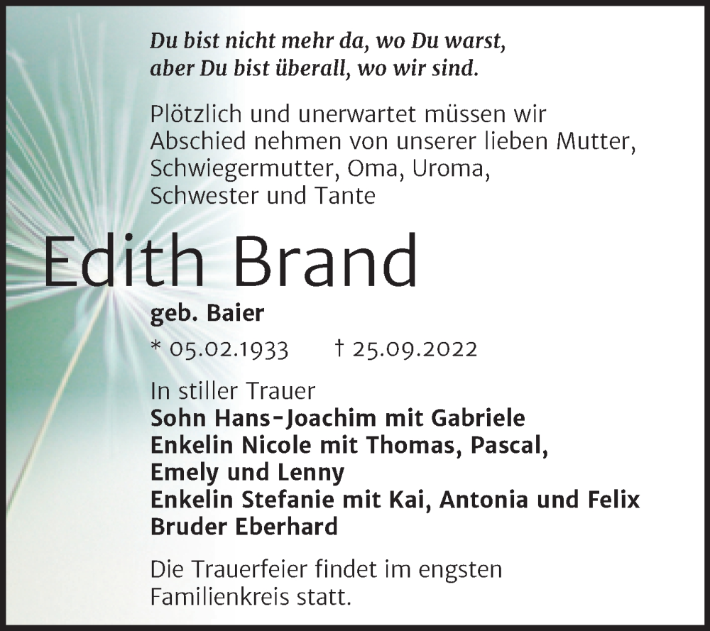  Traueranzeige für Edith Brand vom 01.10.2022 aus Trauerkombi Bernburg