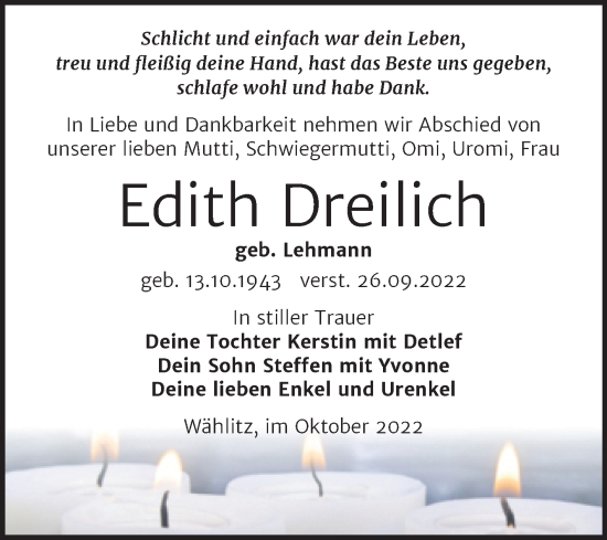 Traueranzeige von Edith Dreilich von Trauerkombi Weißenfels