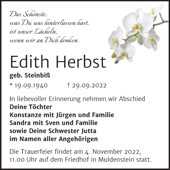 Traueranzeige von Edith Herbst von Trauerkombi Bitterfeld
