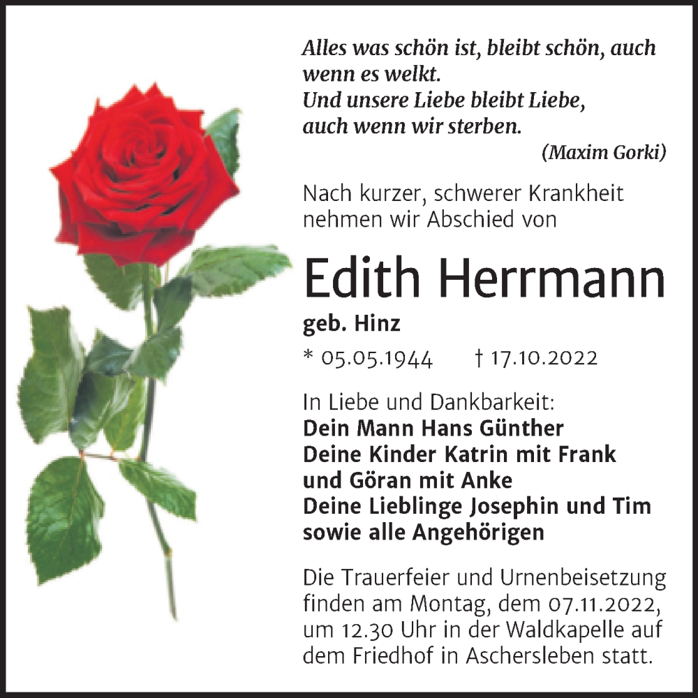  Traueranzeige für Edith Herrmann vom 22.10.2022 aus Trauerkombi Aschersleben