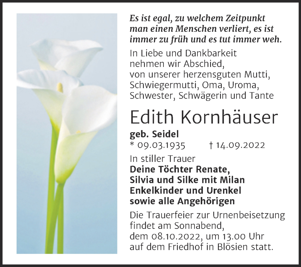  Traueranzeige für Edith Kornhäuser vom 01.10.2022 aus Trauerkombi Merseburg