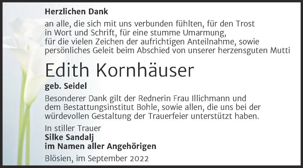  Traueranzeige für Edith Kornhäuser vom 29.10.2022 aus Trauerkombi Merseburg