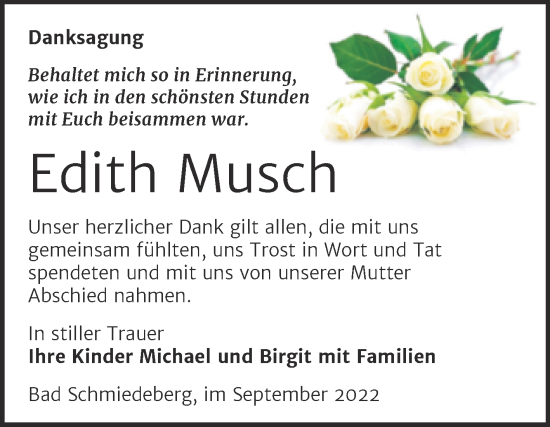 Traueranzeige von Edith Musch von Trauerkombi Wittenberg