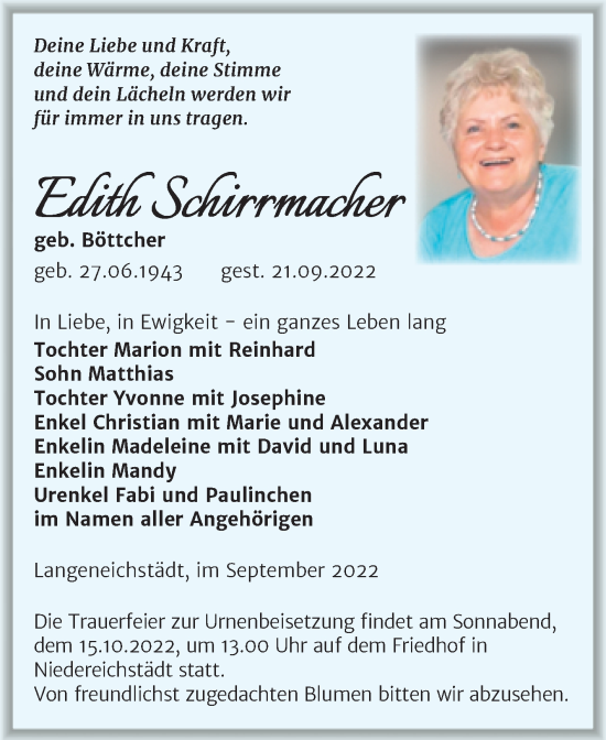 Traueranzeige von Edith Schirrmacher von Trauerkombi Merseburg