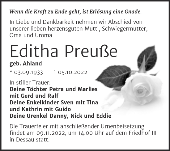 Traueranzeige von Editha Preuße von Trauerkombi Dessau