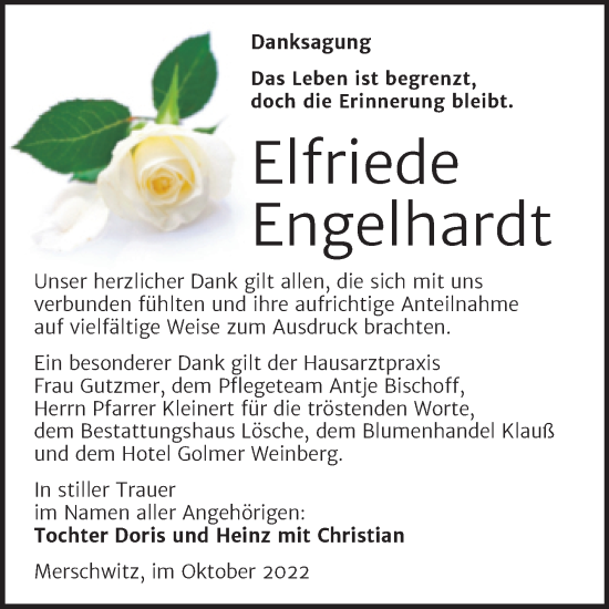 Traueranzeige von Elfriede Engelhardt von Trauerkombi Wittenberg