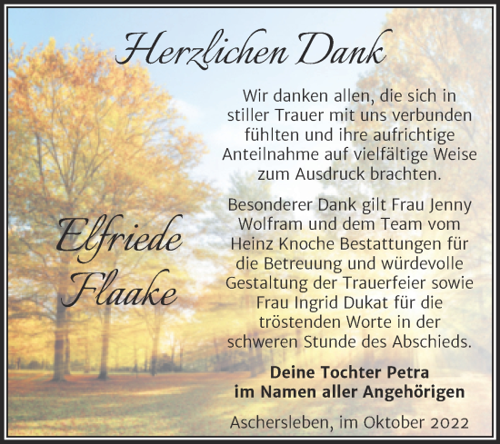 Traueranzeige von Elfriede Flaake von Trauerkombi Aschersleben