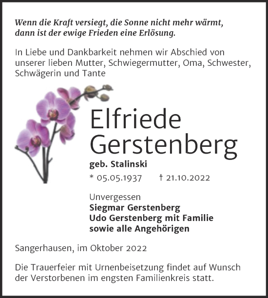 Traueranzeige von Elfriede Gerstenberg von Trauerkombi Sangerhausen