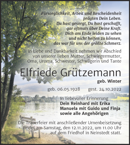 Traueranzeige von Elfriede Grützemann von Trauerkombi Quedlinburg