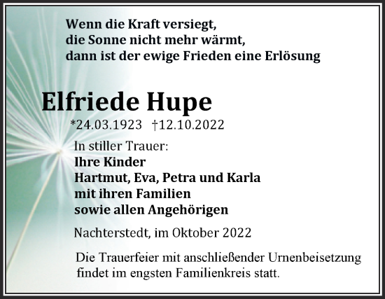 Traueranzeige von Elfriede Hupe von Trauerkombi Aschersleben