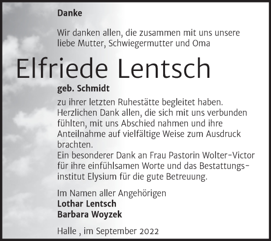 Traueranzeige von Elfriede Lentsch von Mitteldeutsche Zeitung Halle/Saalkreis