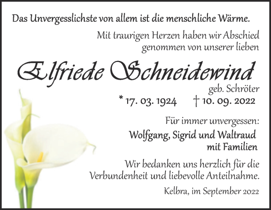 Traueranzeige von Elfriede Schneidewind von Trauerkombi Sangerhausen