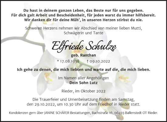 Traueranzeige von Elfriede Schulze von Trauerkombi Quedlinburg