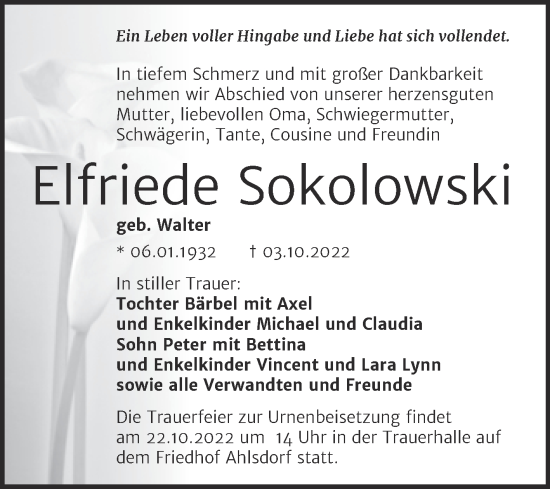 Traueranzeige von Elfriede Sokolowski von Trauerkombi Mansfelder Land