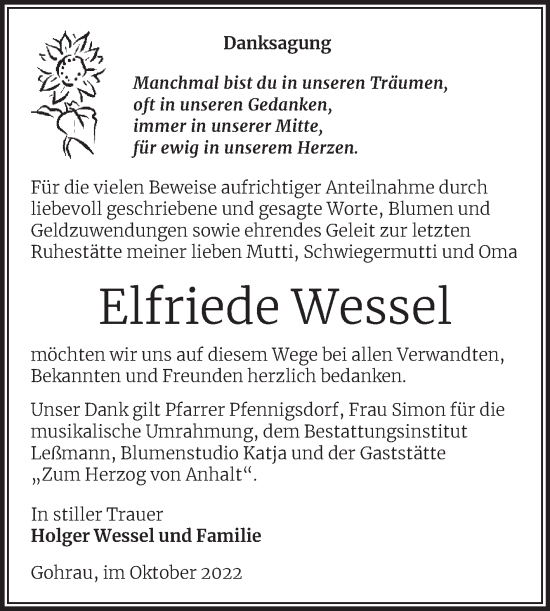 Traueranzeige von Elfriede Wessel von Trauerkombi Wittenberg