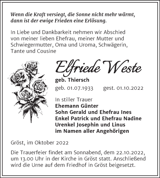 Traueranzeige von Elfriede Weste von Trauerkombi Merseburg
