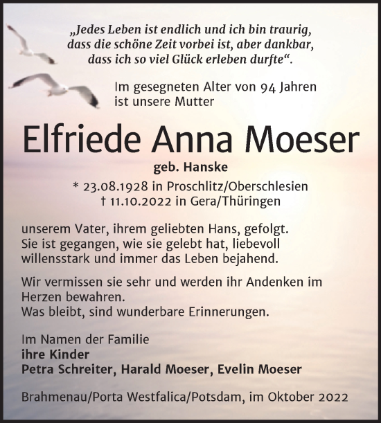 Traueranzeige von Elfriede Anna Moeser von Mitteldeutsche Zeitung Mansfelder Land
