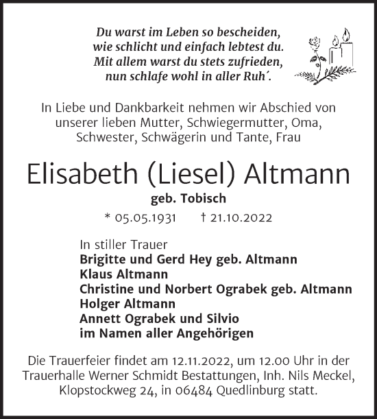 Traueranzeige von Elisabeth Altmann von Trauerkombi Quedlinburg