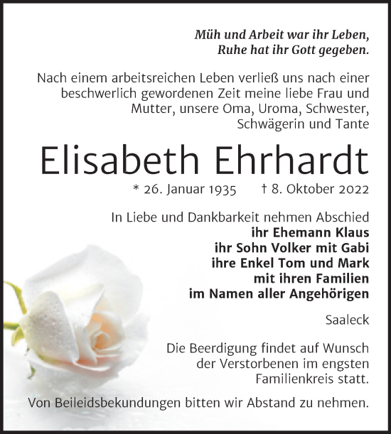 Traueranzeige von Elisabeth Ehrhardt von Wochenspiegel Naumburg/Nebra