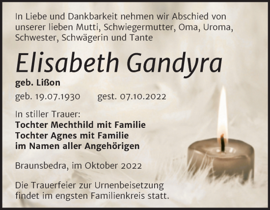 Traueranzeige von Elisabeth Gandyra von Trauerkombi Merseburg