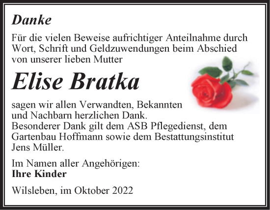 Traueranzeige von Elise Bratka von Trauerkombi Aschersleben