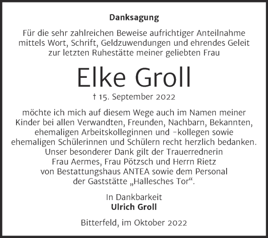 Traueranzeige von Elke Groll von Trauerkombi Bitterfeld