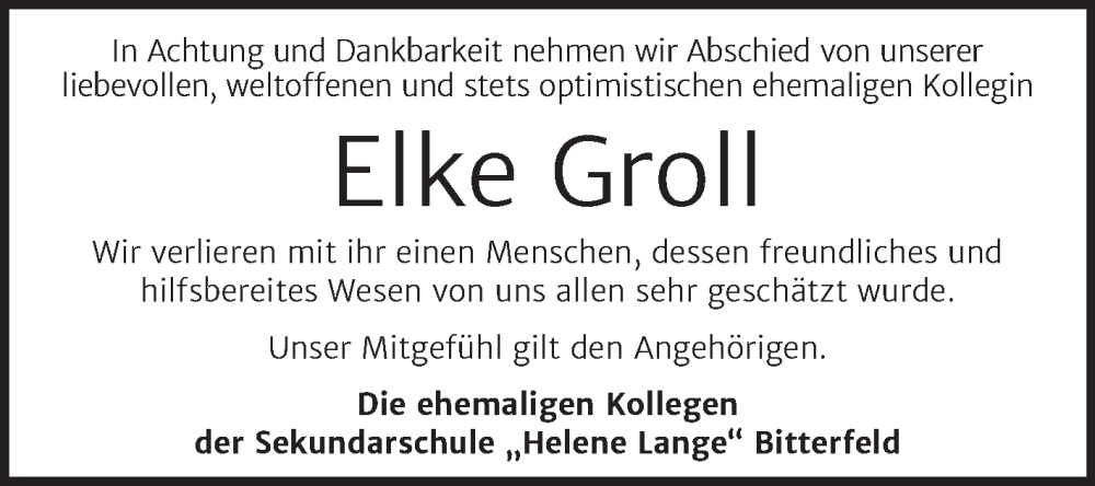  Traueranzeige für Elke Groll vom 01.10.2022 aus Mitteldeutsche Zeitung Bitterfeld
