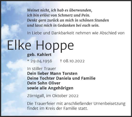 Traueranzeige von Elke Hoppe von Trauerkombi Wittenberg