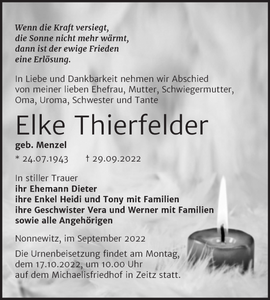 Traueranzeige von Elke Thierfelder von Trauerkombi Zeitz