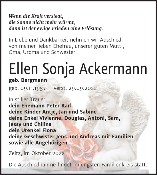 Traueranzeige von Ellen Sonja Ackermann von Trauerkombi Zeitz