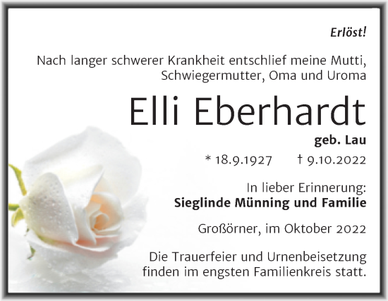 Traueranzeige von Elli Eberhardt von Trauerkombi Mansfelder Land