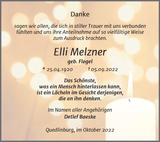 Traueranzeige von Elli Melzner von Trauerkombi Quedlinburg