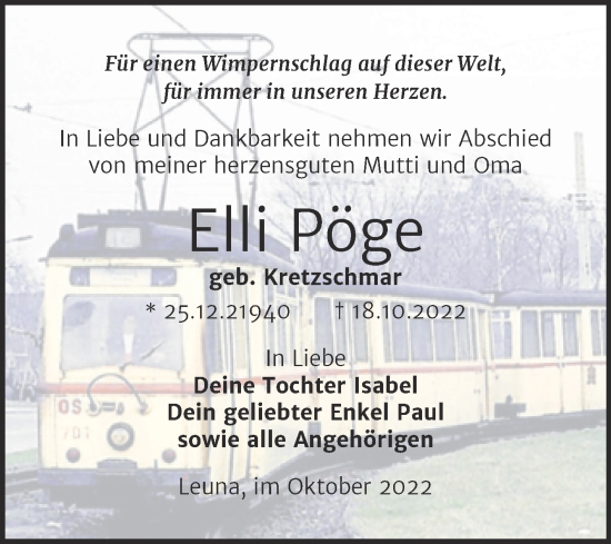 Traueranzeige von Elli Pöge von Trauerkombi Merseburg