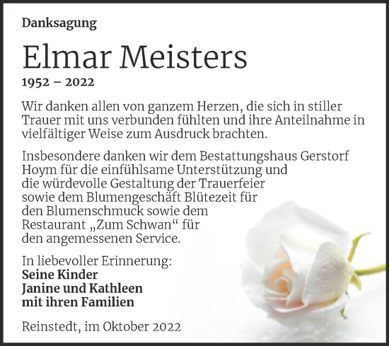 Traueranzeige von Elmar Meisters von Trauerkombi Quedlinburg