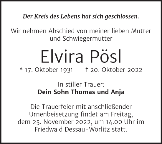 Traueranzeige von Elvira Pösl von Trauerkombi Dessau