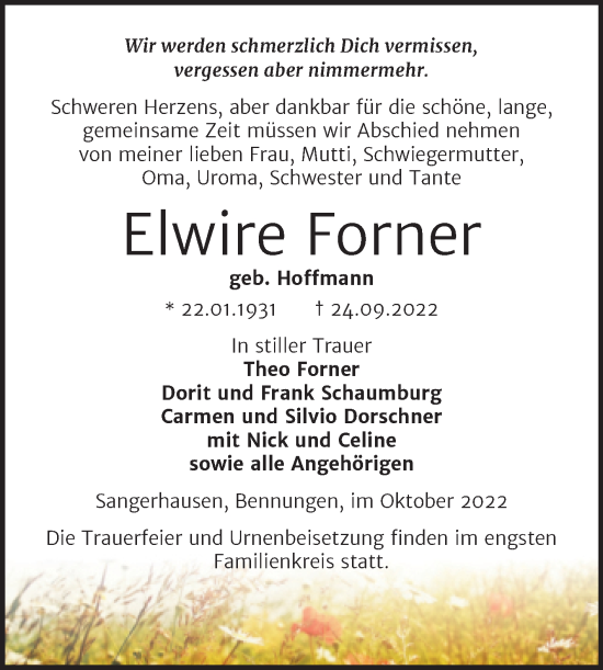 Traueranzeige von Elwire Forner von Trauerkombi Sangerhausen