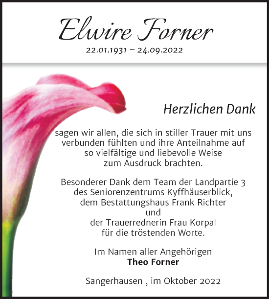 Traueranzeige von Elwire Forner von Trauerkombi Sangerhausen