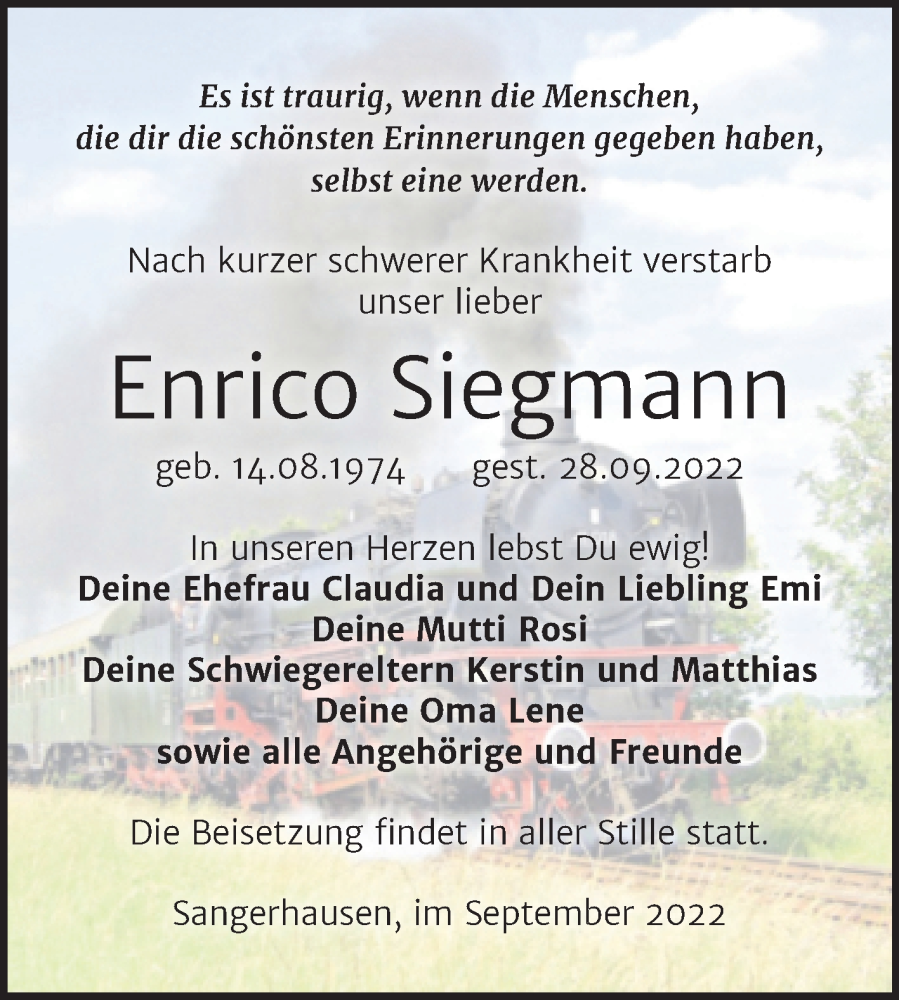  Traueranzeige für Enrico Siegmann vom 01.10.2022 aus Trauerkombi Sangerhausen