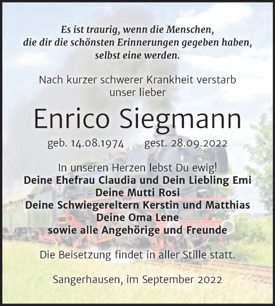 Traueranzeige von Enrico Siegmann von Trauerkombi Sangerhausen