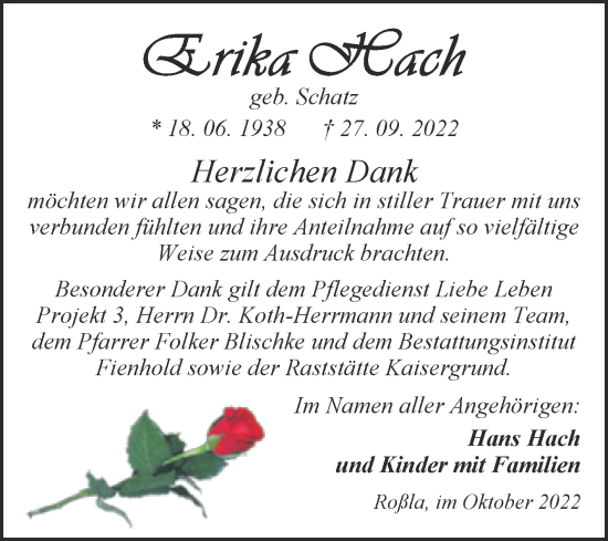 Traueranzeige von Erich Hach von Trauerkombi Sangerhausen
