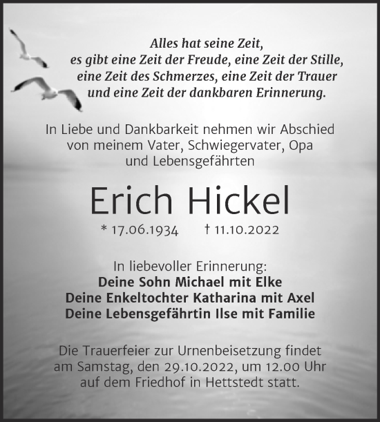 Traueranzeige von Erich Hickel von Trauerkombi Mansfelder Land